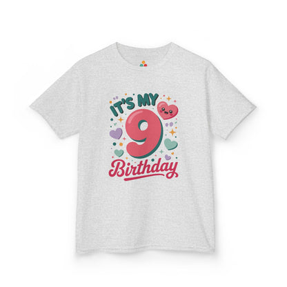 “Light heather gray ‘It’s My 9th Birthday’ shirt with bold pink 9 and pastel hearts, kids unisex t‑shirt, flat display.”

