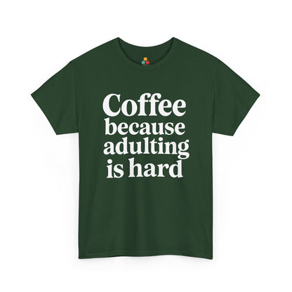 “Teezoca Coffee Because Adulting Is Hard shirt, funny adulting quote, light army green tee, flat lay.”

