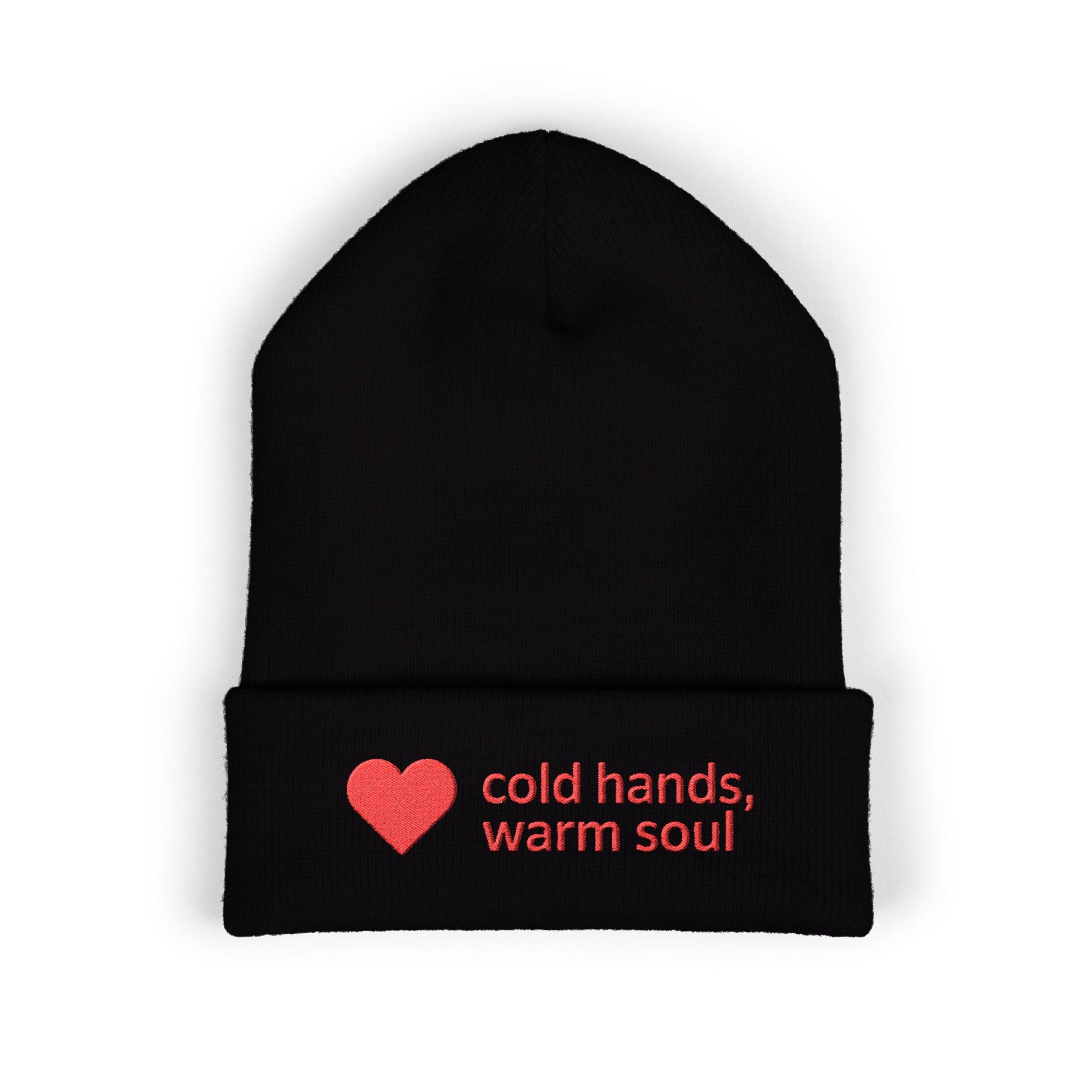 Black beanie with a red heart and text 'cold hands, warm soul' on a white background