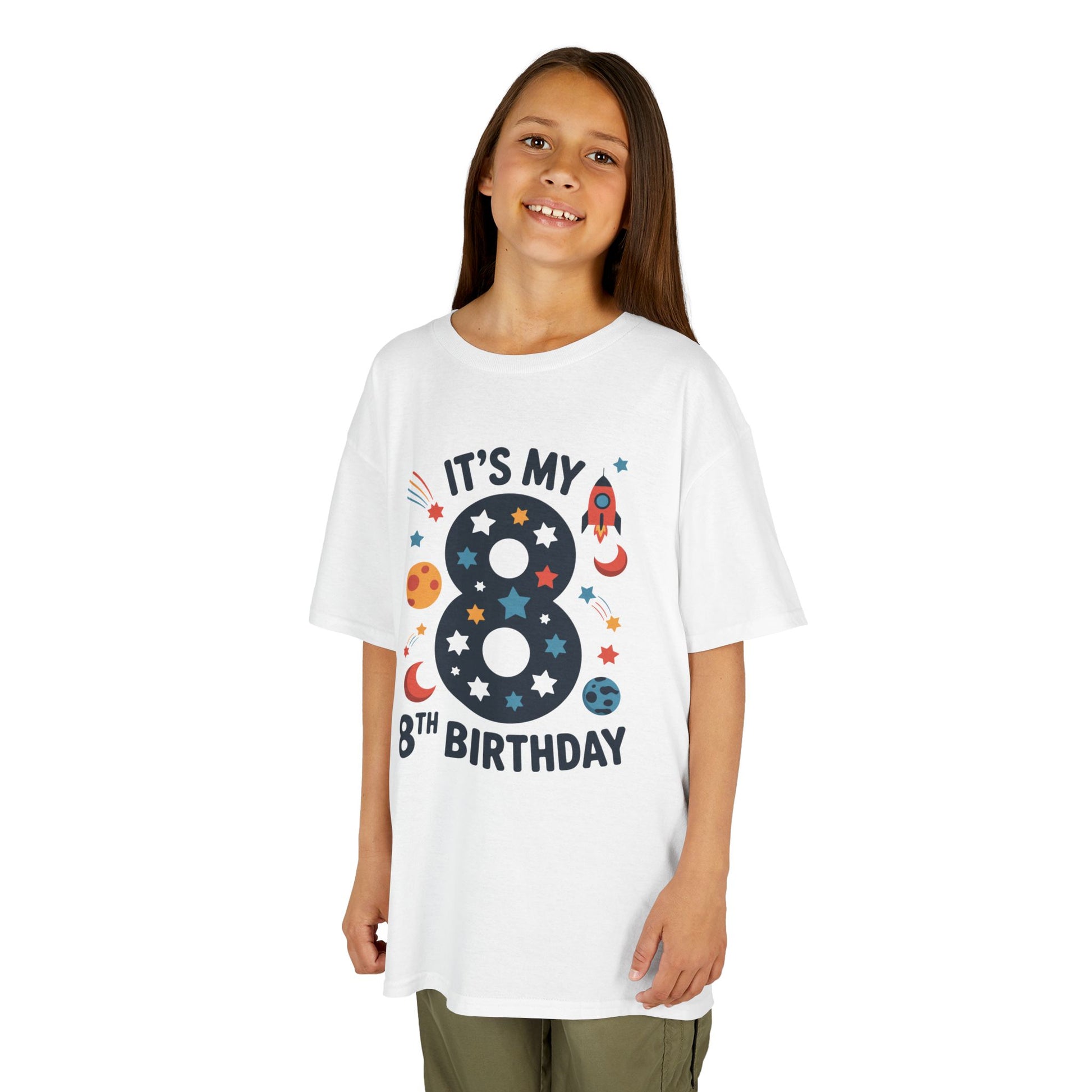 “Girl wearing white ‘It’s My 8th Birthday’ rocket and planets shirt, outer space 8th birthday tee, front view.”

