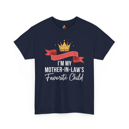 TEEZOCA navy “I’m My Mother‑in‑Law’s Favorite Child” family humor tee shown flat.