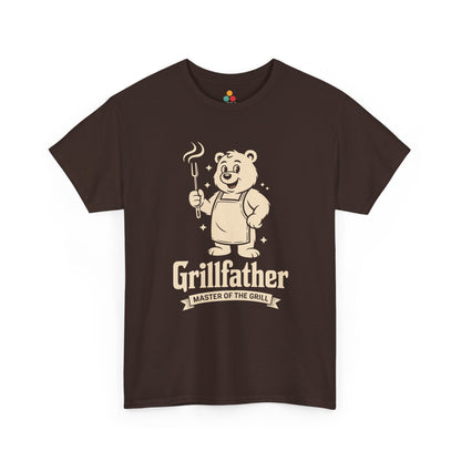 TEEZOCA brown “Grillfather Master Of The Grill” cartoon bear grilling T‑shirt shown flat.
