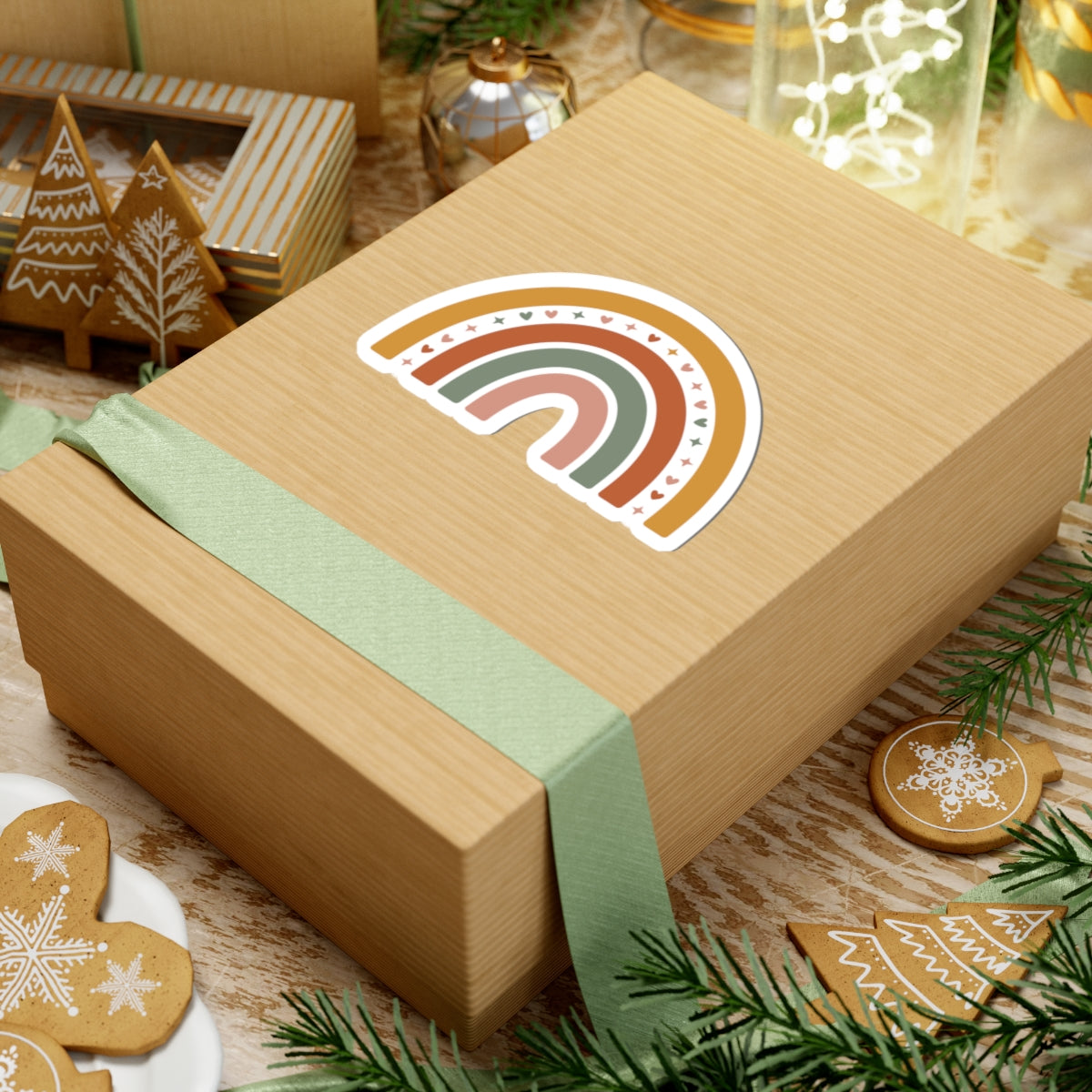 Wooden gift box with a rainbow sticker on a festive background with cookies and lights. TEEZOCA