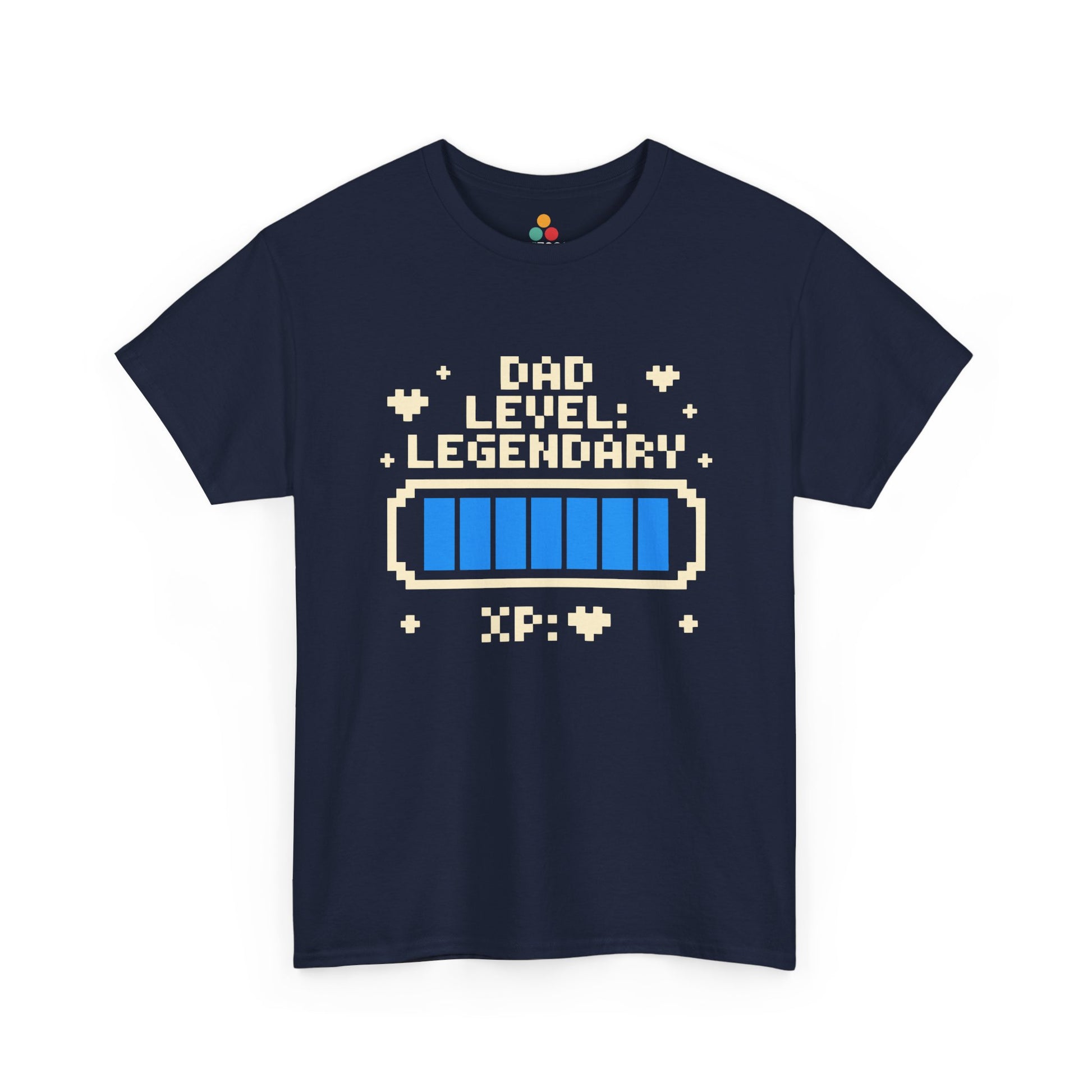 TEEZOCA navy “Dad Level Legendary” retro gamer dad graphic T‑shirt shown flat.