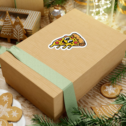 Wooden gift box with a pizza slice sticker on a festive background with cookies and lights. TEEZOCA