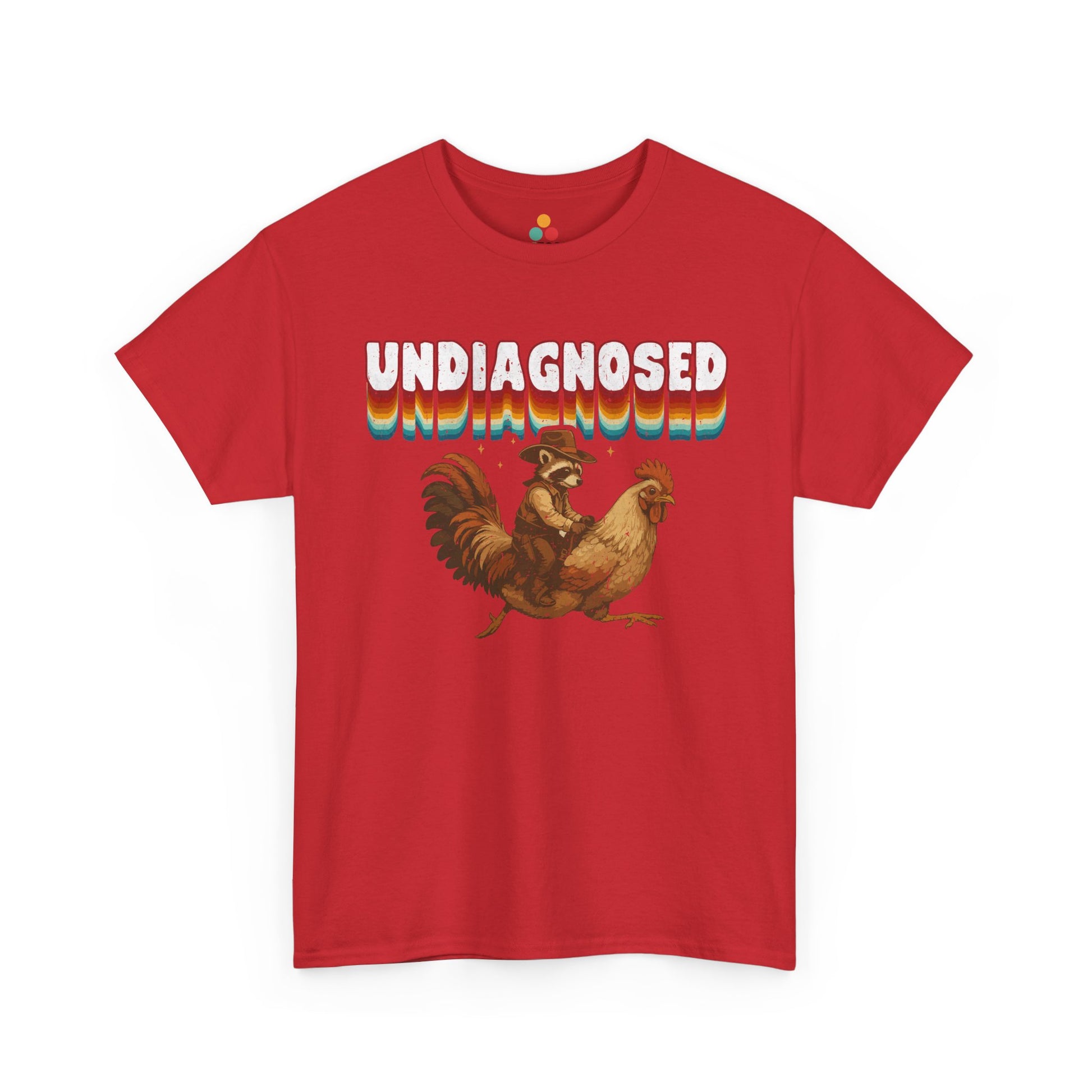 Red t-shirt with a graphic of two chickens and the word 'undiagnosed' on a white background