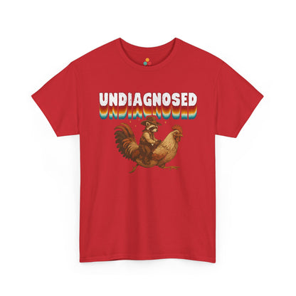 Red t-shirt with a graphic of two chickens and the word 'undiagnosed' on a white background