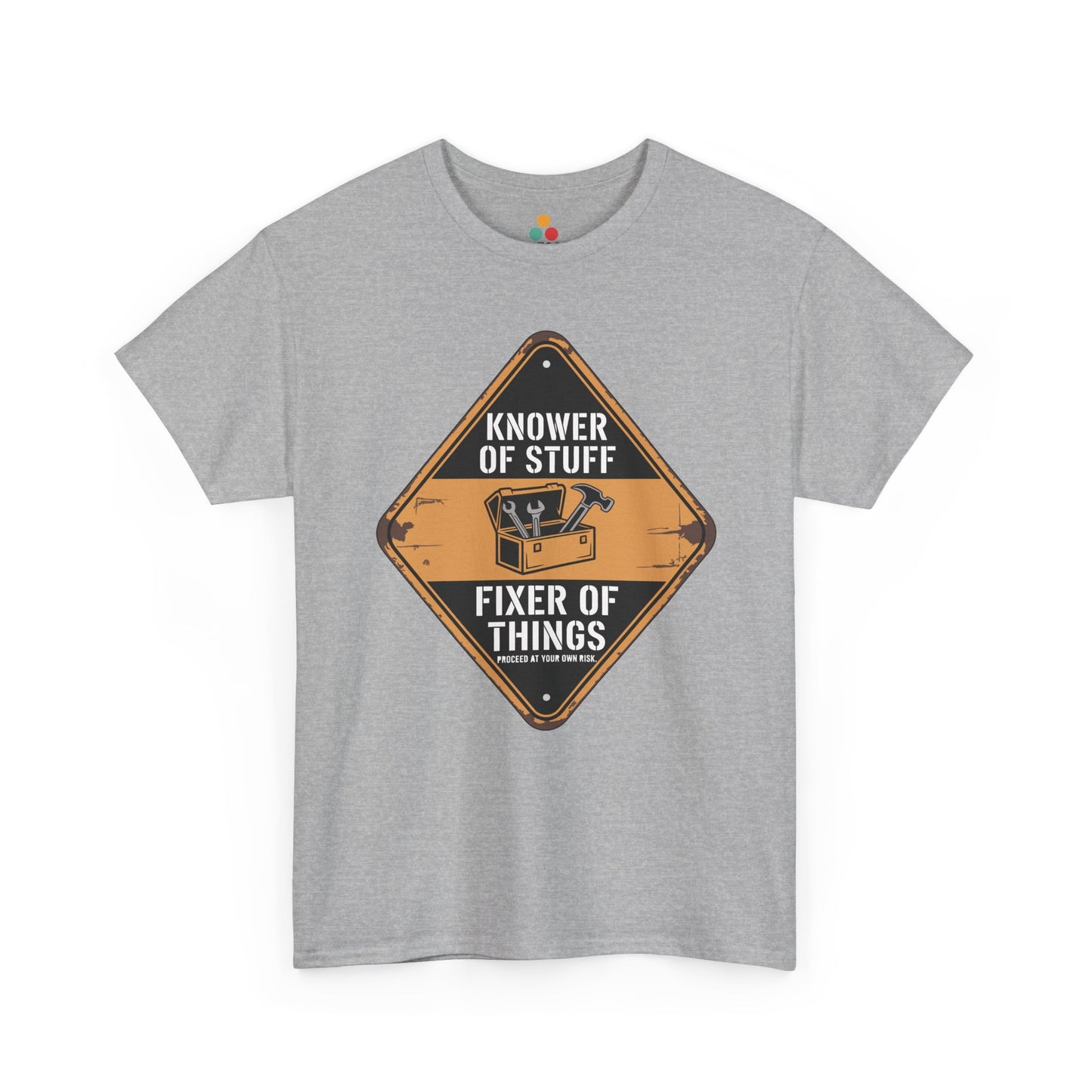 TEEZOCA sport gray “Knower Of Stuff Fixer Of Things” toolbox graphic t-shirt displayed flat.