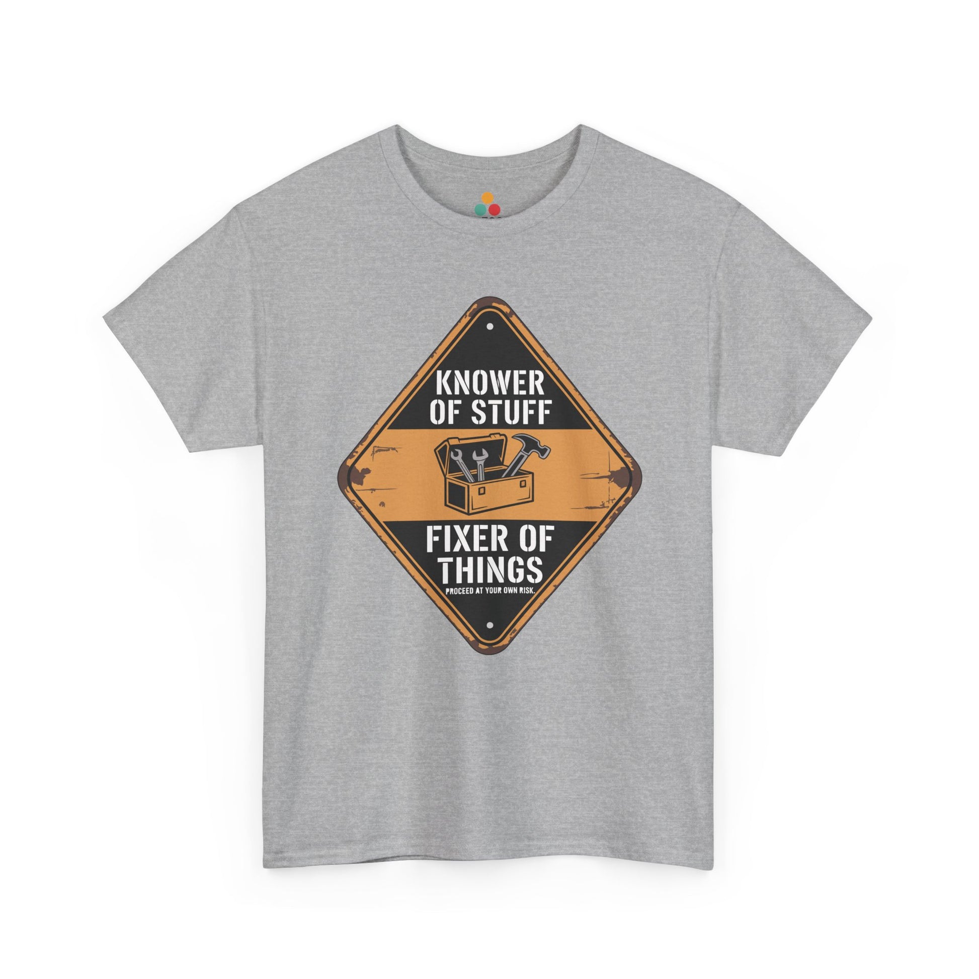 TEEZOCA sport gray “Knower Of Stuff Fixer Of Things” toolbox graphic t-shirt displayed flat.