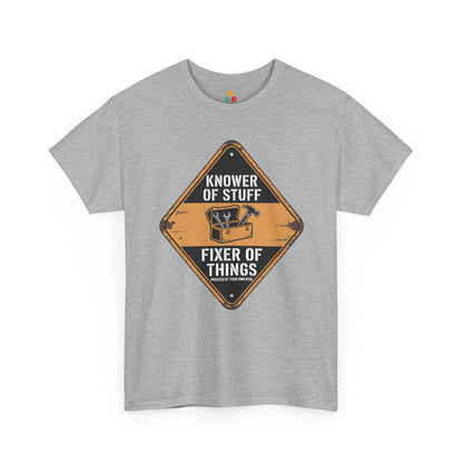 TEEZOCA sport gray “Knower Of Stuff Fixer Of Things” toolbox graphic t-shirt displayed flat.