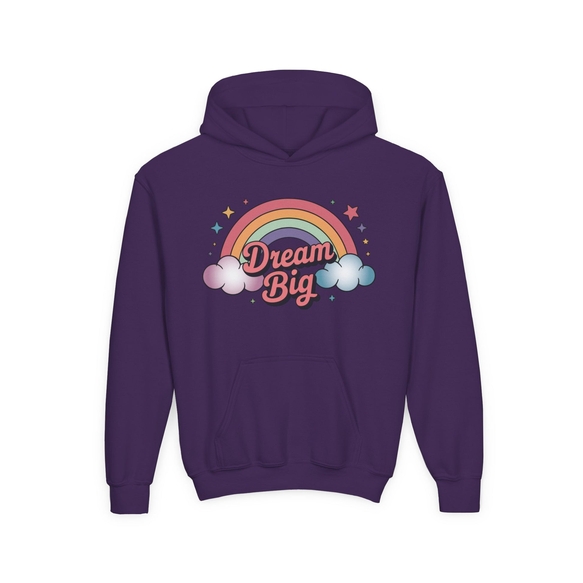 Children’s hoodie with pastel rainbow, clouds, and Dream Big message TEEZOCA