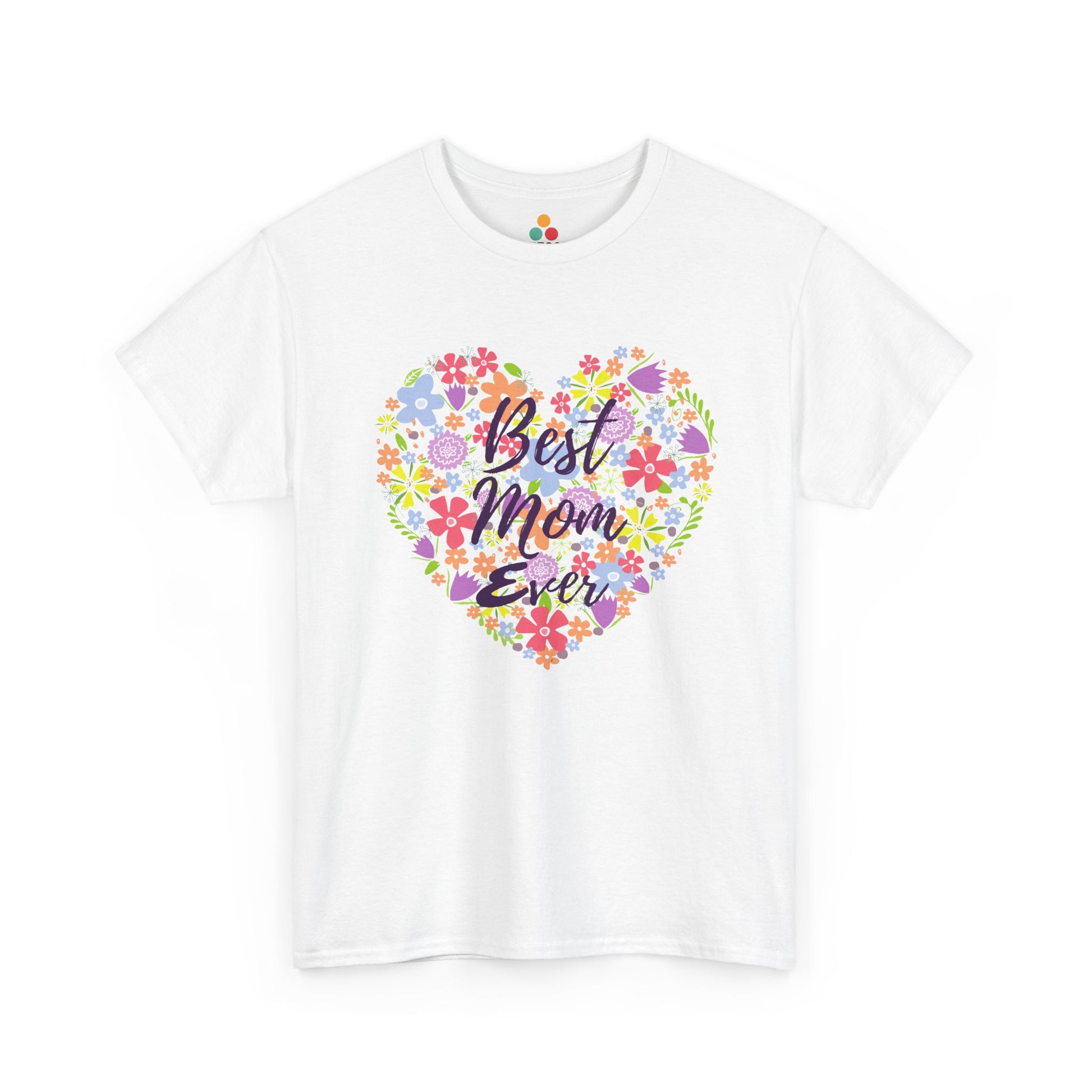 TEEZOCA white “Best Mom Ever” floral heart graphic t‑shirt shown flat.
