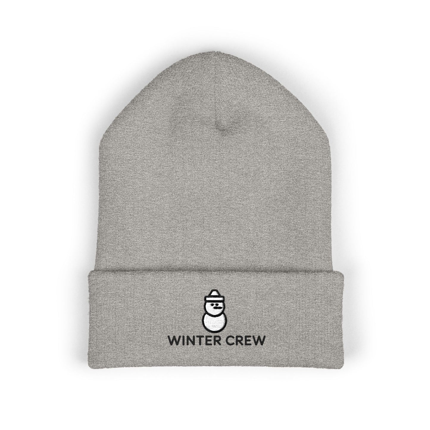 Gray beanie with 'Winter Crew' logo on a white background. Cozy winter beanie featuring cute snowman embroidery and Winter Crew text