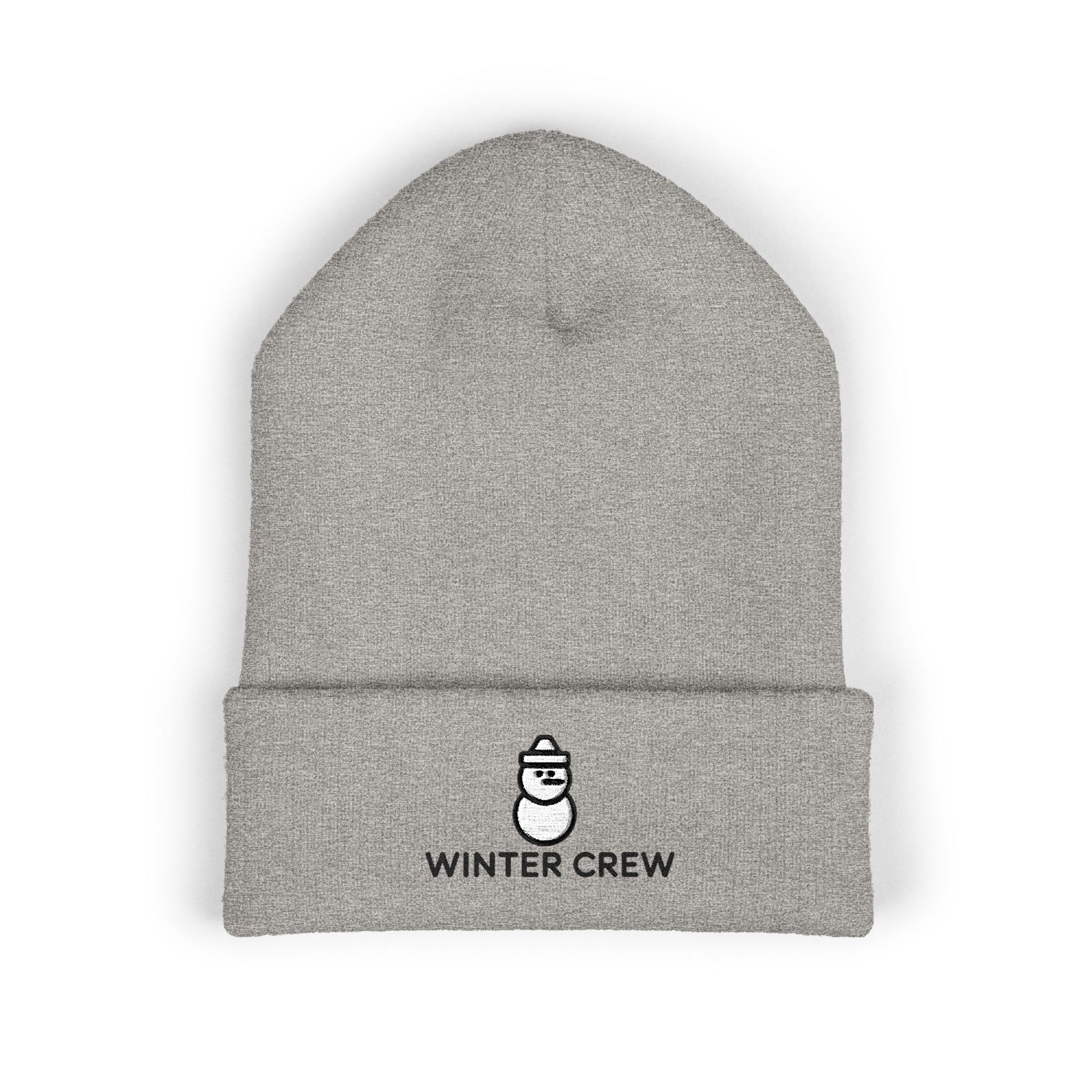 Gray beanie with 'Winter Crew' logo on a white background. Cozy winter beanie featuring cute snowman embroidery and Winter Crew text