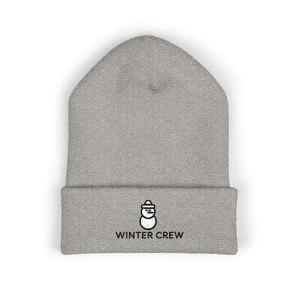 Gray beanie with 'Winter Crew' logo on a white background. Cozy winter beanie featuring cute snowman embroidery and Winter Crew text
