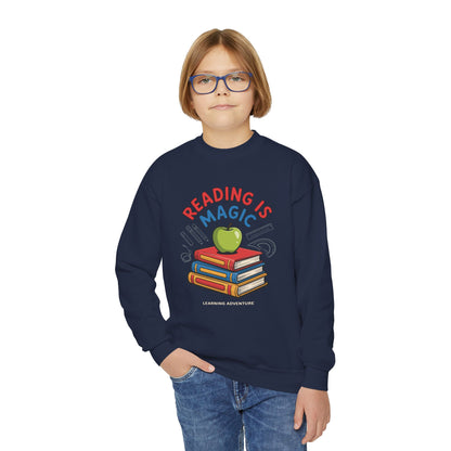Reading Is Magic Youth Crewneck Sweatshirt – Kids Book Lover Graphic Pullover TEEZOCA