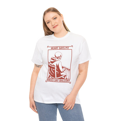  Female model wearing white “Heart Says Pit Knees Say Balcony” skeleton concert quote t-shirt, front view.
