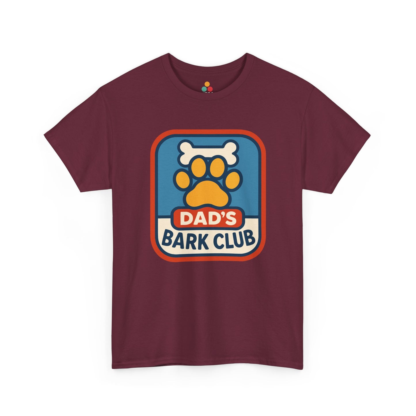 "maroon 'Dad's Bark Club' shirts with dog paw and bone badge design, flat front view."

