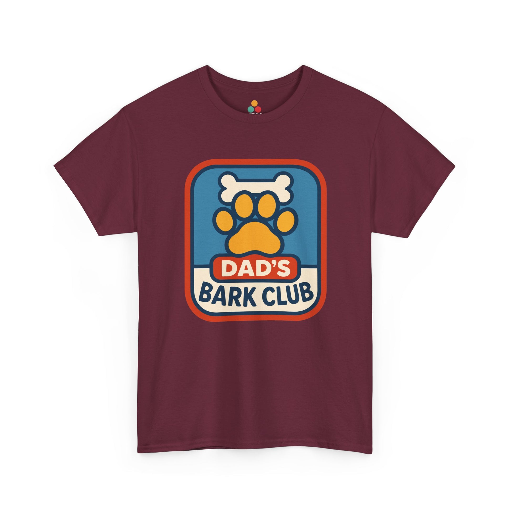 "maroon 'Dad's Bark Club' shirts with dog paw and bone badge design, flat front view."

