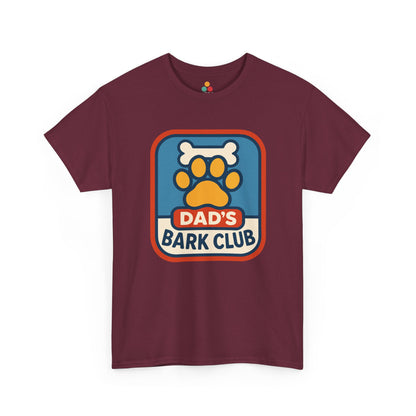 "maroon 'Dad's Bark Club' shirts with dog paw and bone badge design, flat front view."


