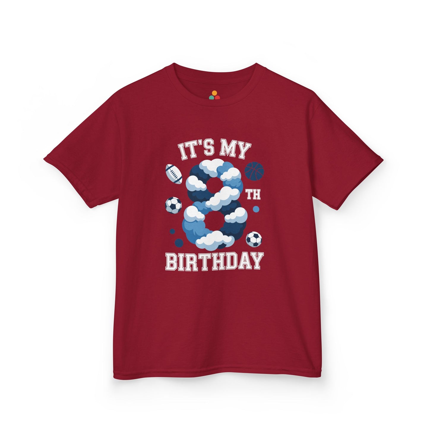 “Red ‘It’s My 8th Birthday’ t‑shirt with blue and white cloud 8 and sports graphics, 8th birthday sports fan shirt, flat front.”

