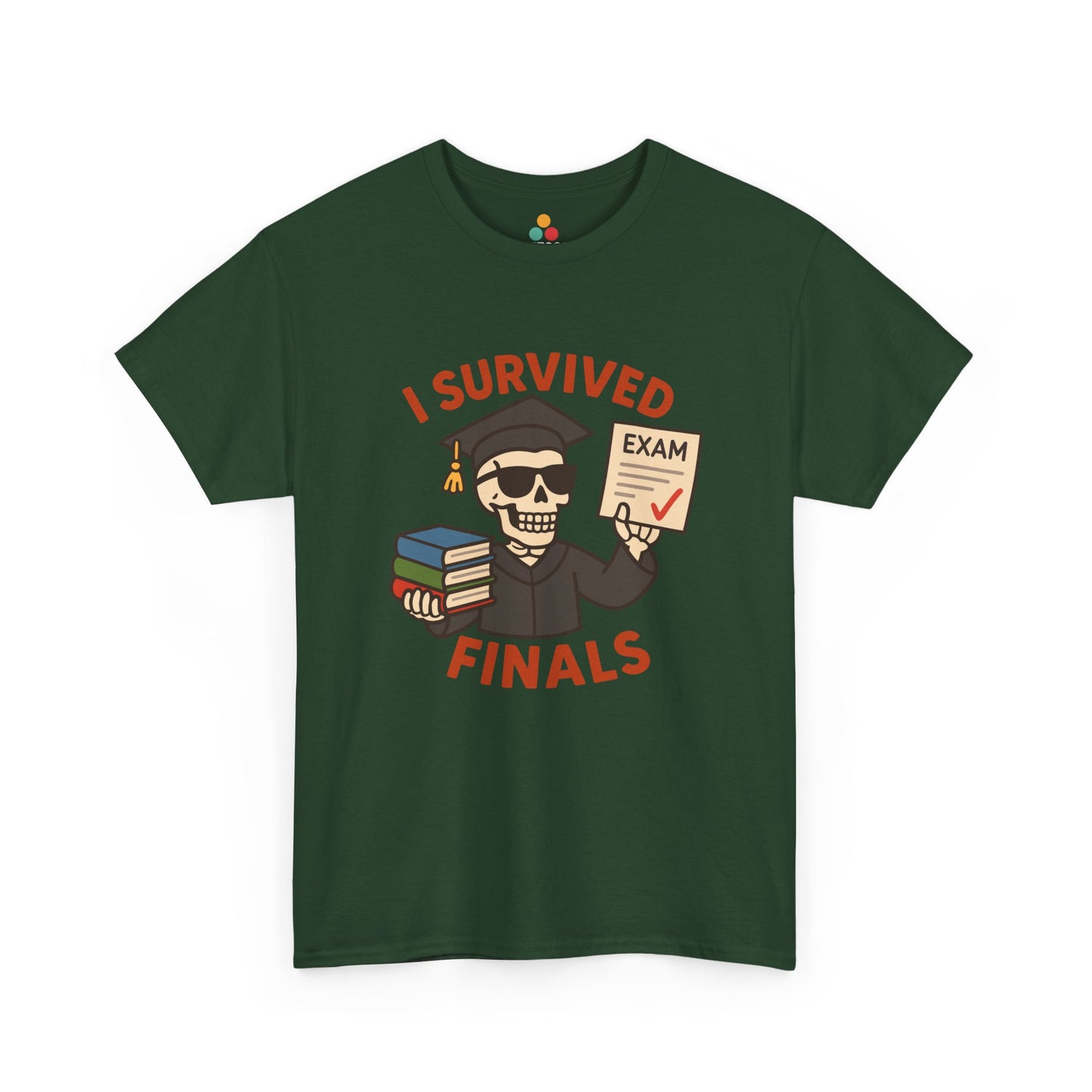 “ green ‘I Survived Finals’ shirts featuring cartoon graduate and exam artwork, flat front view.”

