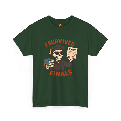 “ green ‘I Survived Finals’ shirts featuring cartoon graduate and exam artwork, flat front view.”

