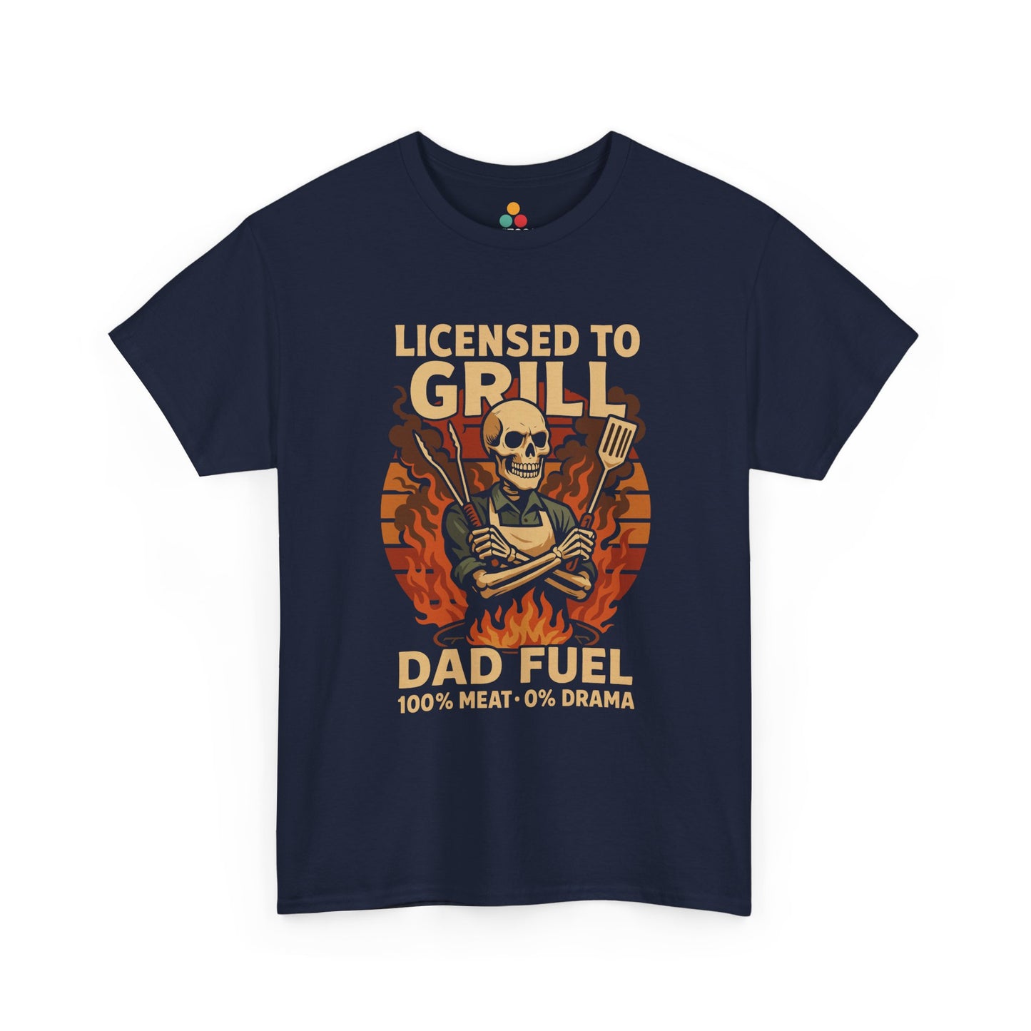 "Navy Licensed to Grill – Dad Fuel' shirts with skeleton grillmaster design, flat front view."

