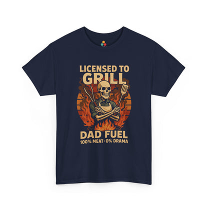 "Navy Licensed to Grill – Dad Fuel' shirts with skeleton grillmaster design, flat front view."

