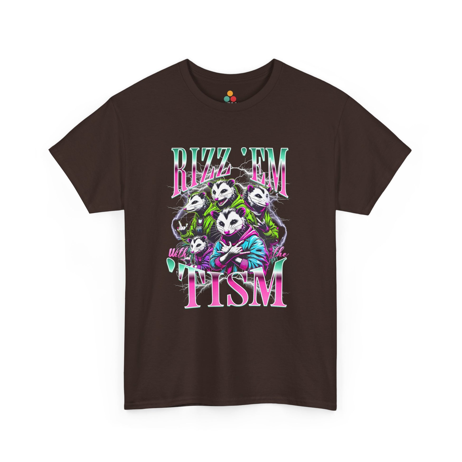 “Maroon unisex ‘Rizz ’Em With the ’Tism’ graphic tee with bright opossum illustration and lightning effects, flat display.”

