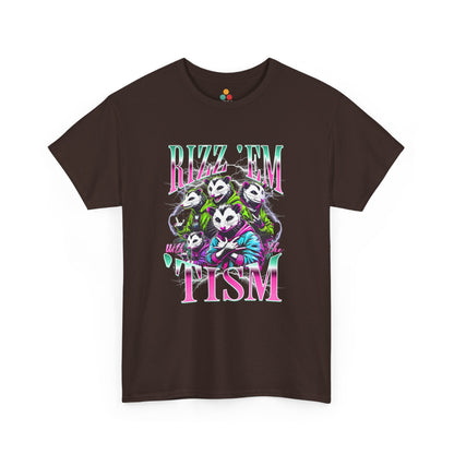 “Maroon unisex ‘Rizz ’Em With the ’Tism’ graphic tee with bright opossum illustration and lightning effects, flat display.”

