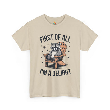 TEEZOCA beige “First Of All I’m A Delight” raccoon chair tee displayed flat.