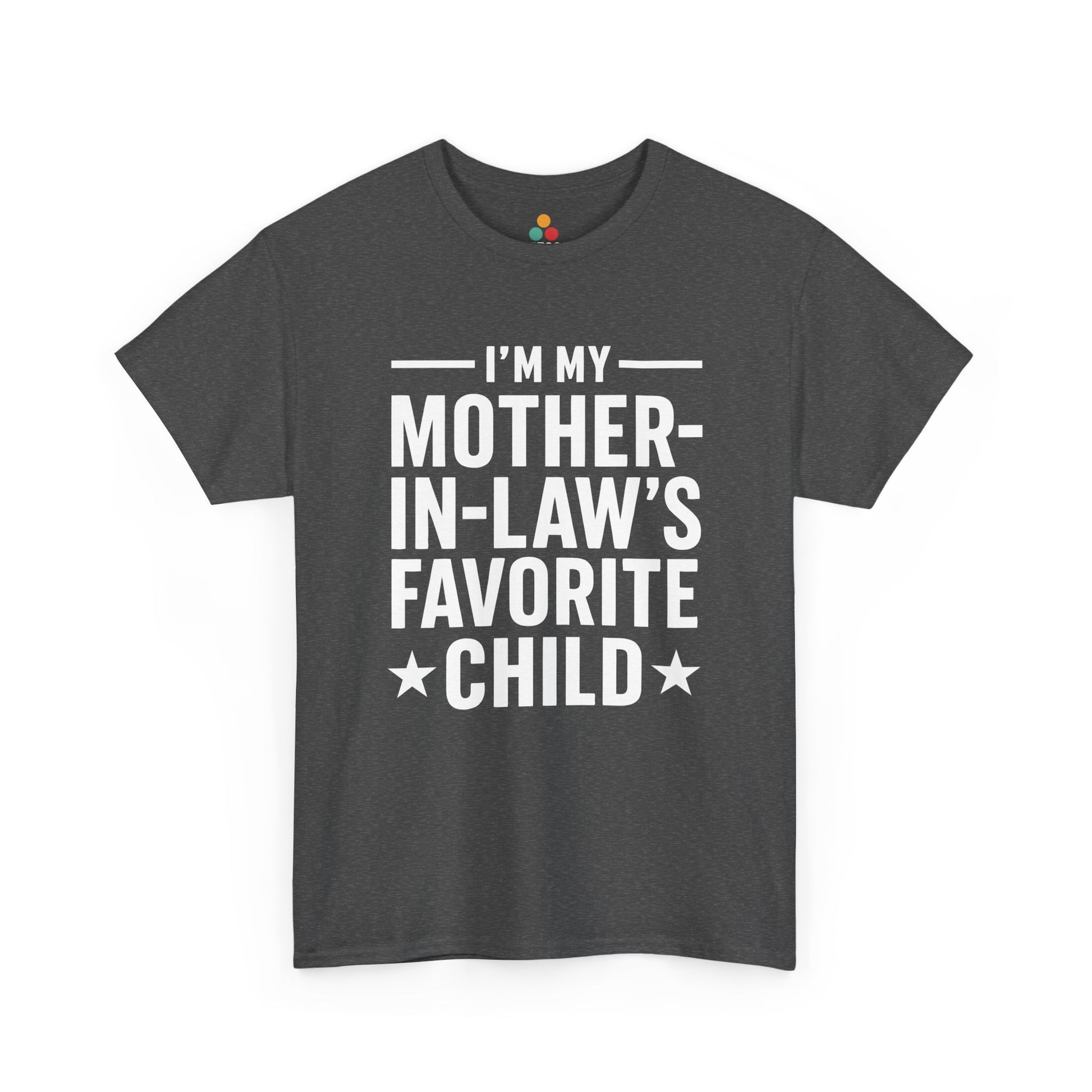 Gray t-shirt with white text 'I'm my mother-in-law's favorite child' on a white background