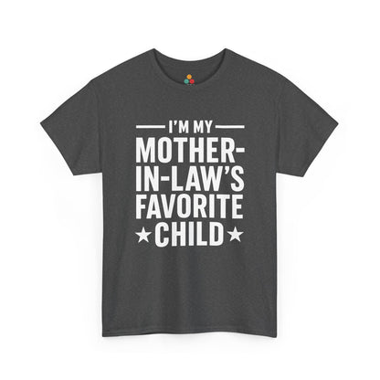 Gray t-shirt with white text 'I'm my mother-in-law's favorite child' on a white background