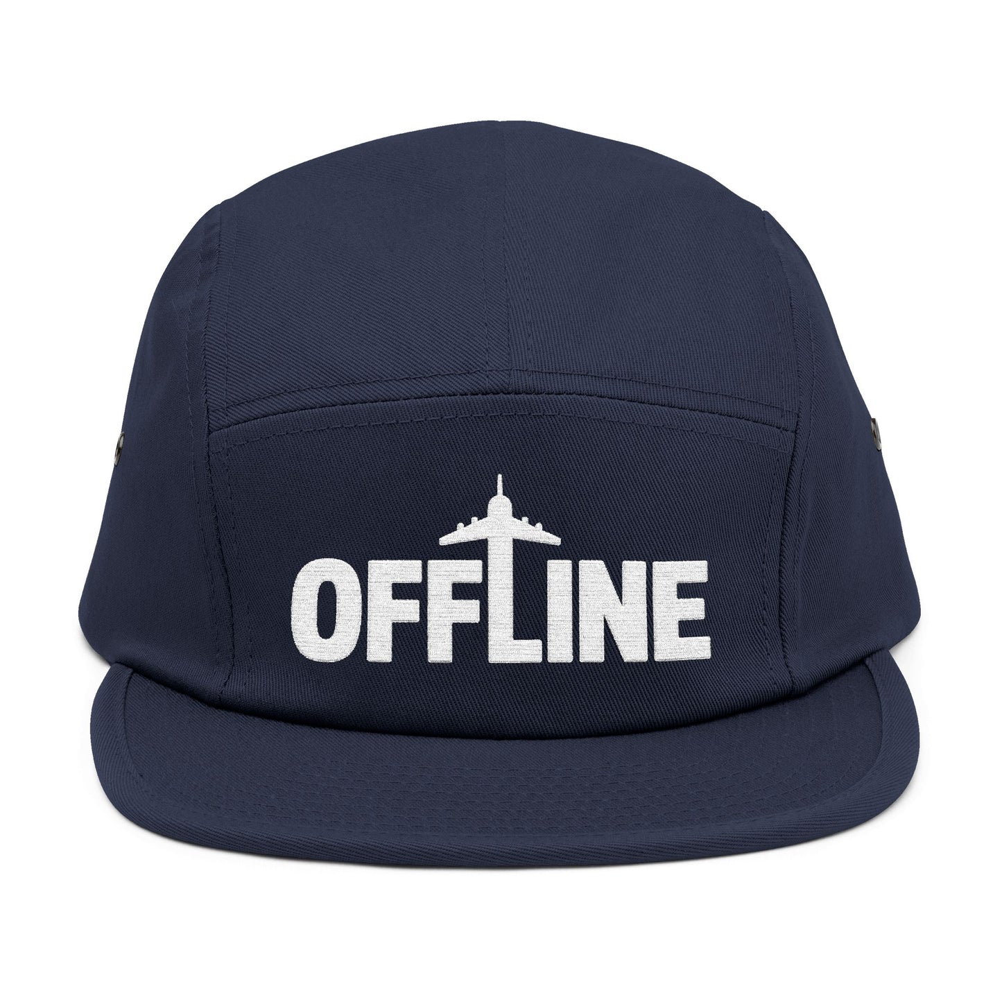 Navy blue cap with 'OFFLINE' and airplane icon on a white background. Embroidered OFFLINE airplane graphic on black 5-panel cap. TEEZOCA