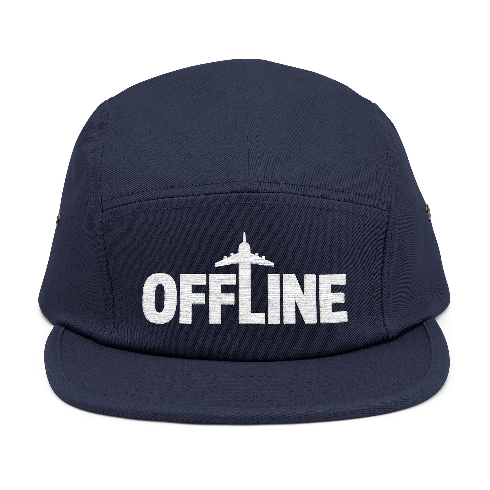 Navy blue cap with 'OFFLINE' and airplane icon on a white background. Embroidered OFFLINE airplane graphic on black 5-panel cap. TEEZOCA