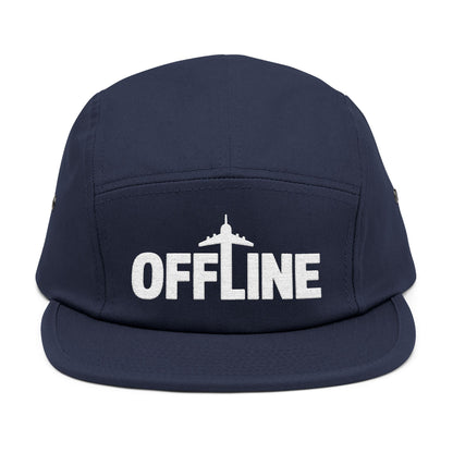 Navy blue cap with 'OFFLINE' and airplane icon on a white background. Embroidered OFFLINE airplane graphic on black 5-panel cap. TEEZOCA