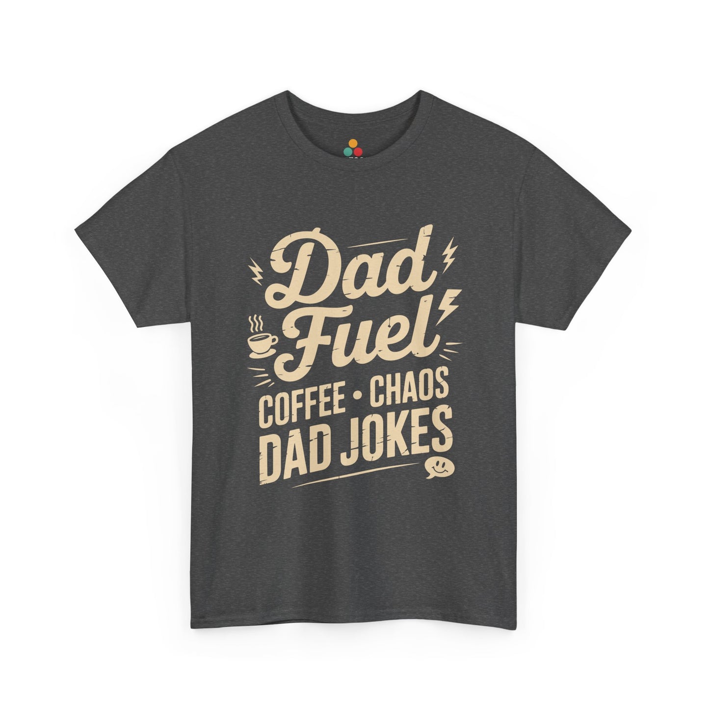 TEEZOCA dark gray “Dad Fuel Coffee Chaos Dad Jokes” graphic tee shown on a plain background.