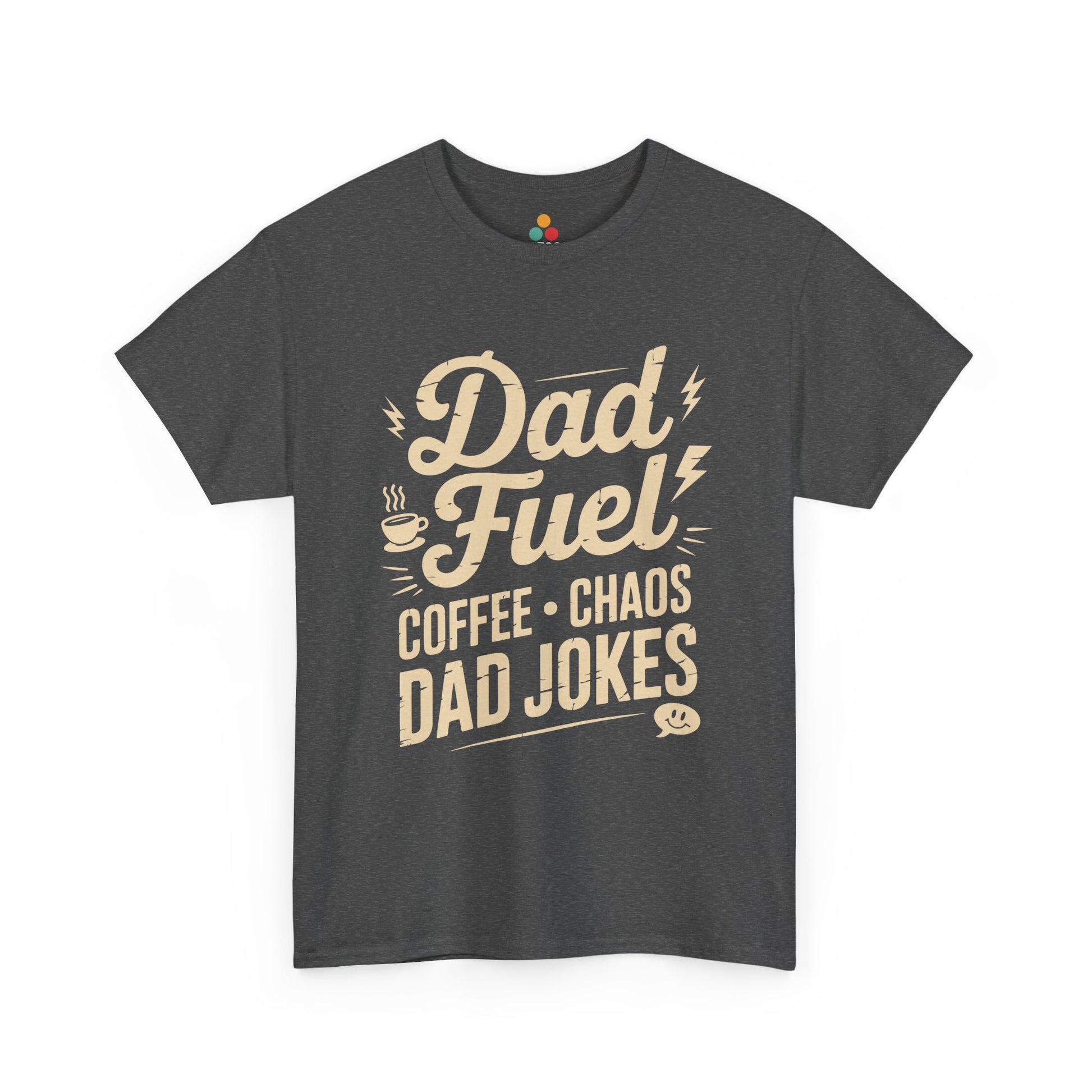 TEEZOCA dark gray “Dad Fuel Coffee Chaos Dad Jokes” graphic tee shown on a plain background.