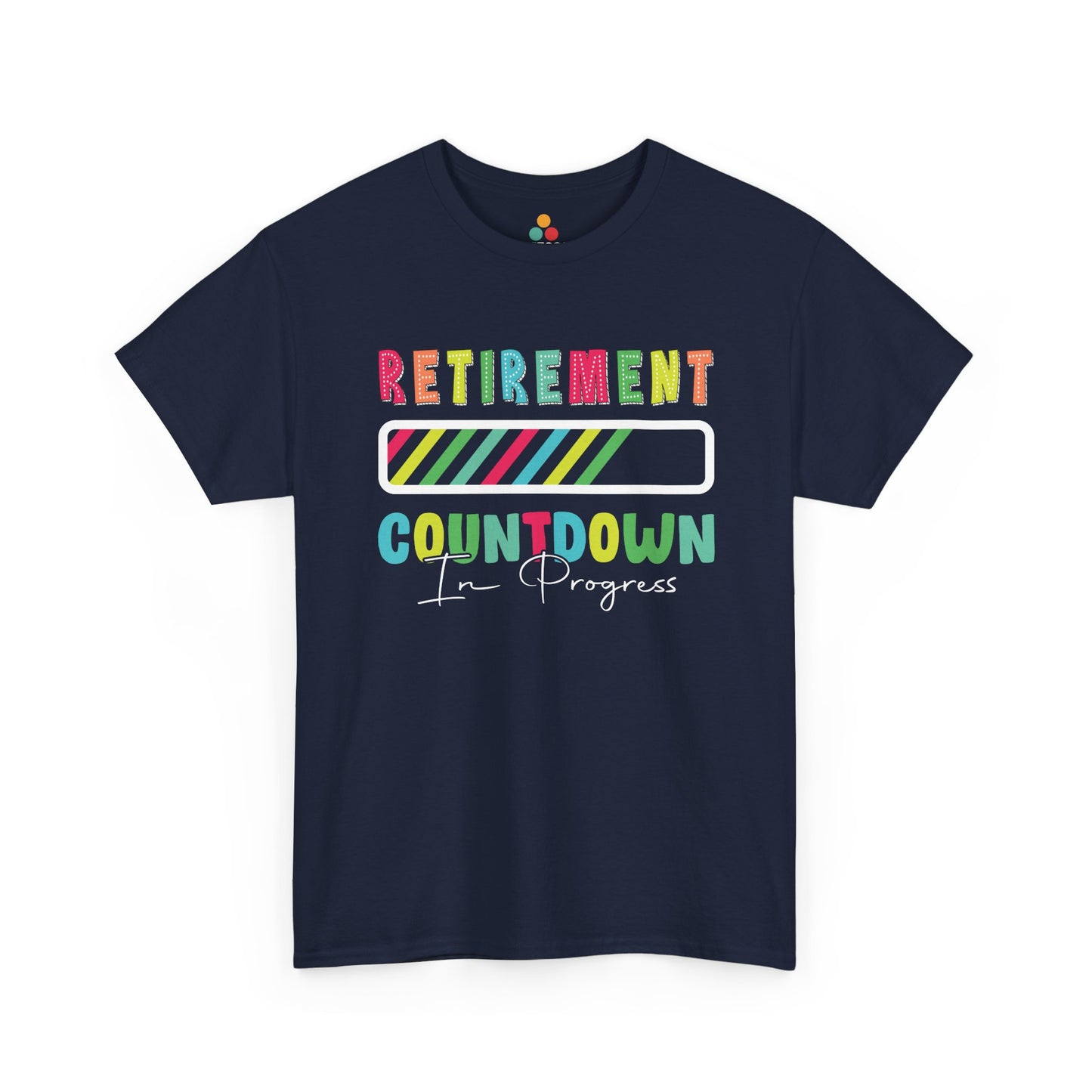 “Teezoca Retirement Countdown In Progress shirt, bright rainbow retirement design, Royal blue tee, flat front display.”

