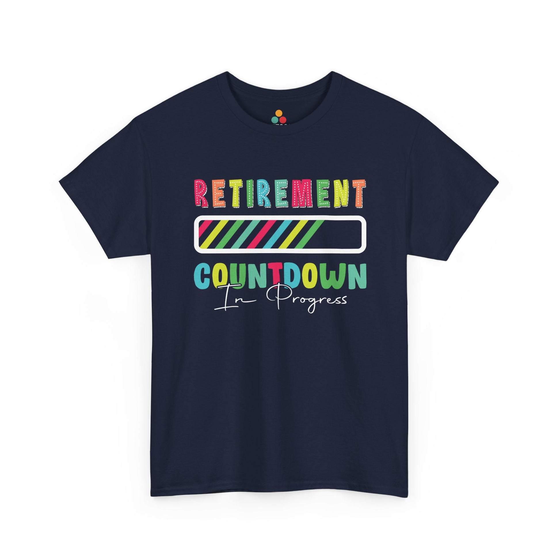 “Teezoca Retirement Countdown In Progress shirt, bright rainbow retirement design, Royal blue tee, flat front display.”

