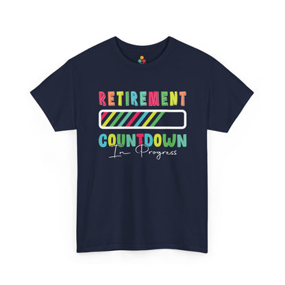 “Teezoca Retirement Countdown In Progress shirt, bright rainbow retirement design, Royal blue tee, flat front display.”

