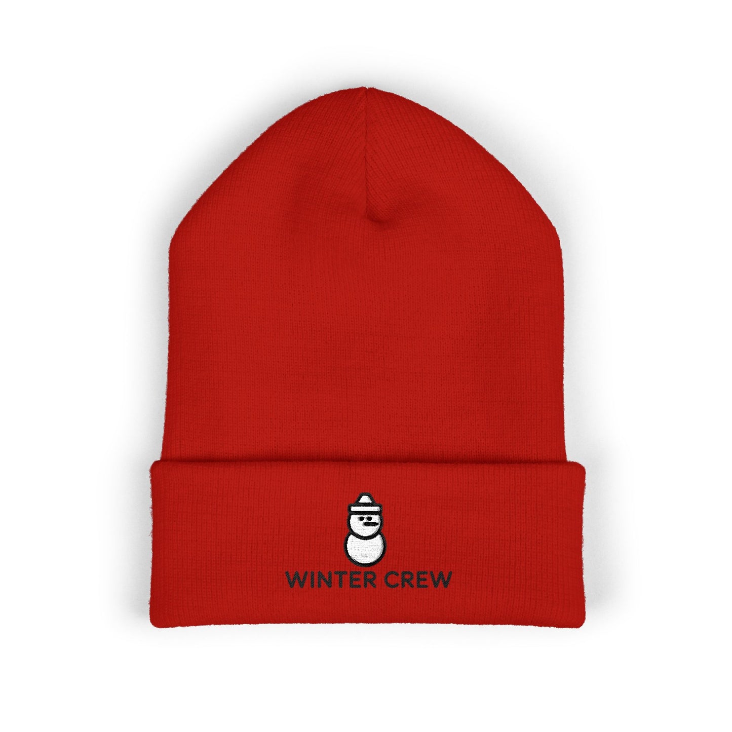 Red beanie with 'Winter Crew' logo on a white background. Cozy winter beanie featuring cute snowman embroidery and Winter Crew text