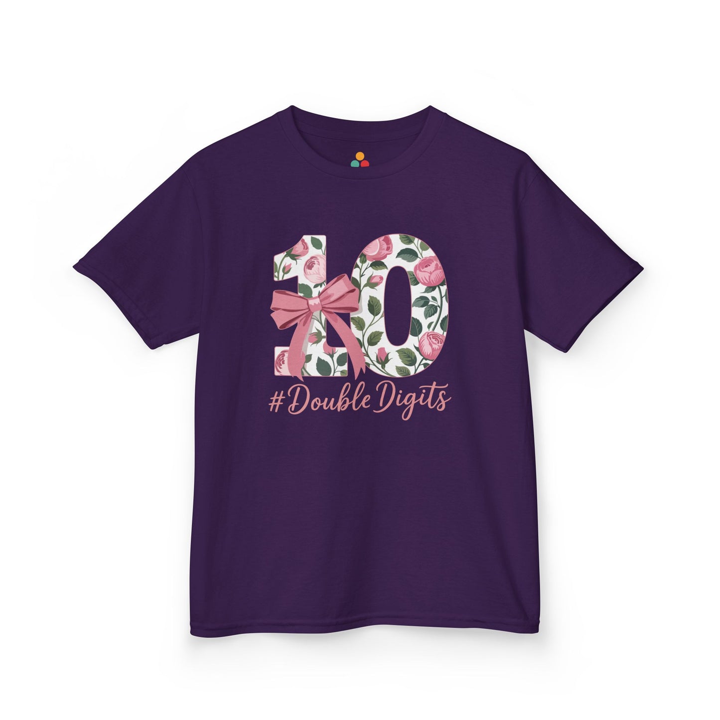 “Purple girls 10th birthday shirt featuring floral number 10 with pink roses and bow and ‘#DoubleDigits’ script, front view.”


