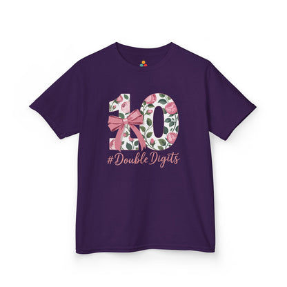 “Purple girls 10th birthday shirt featuring floral number 10 with pink roses and bow and ‘#DoubleDigits’ script, front view.”

