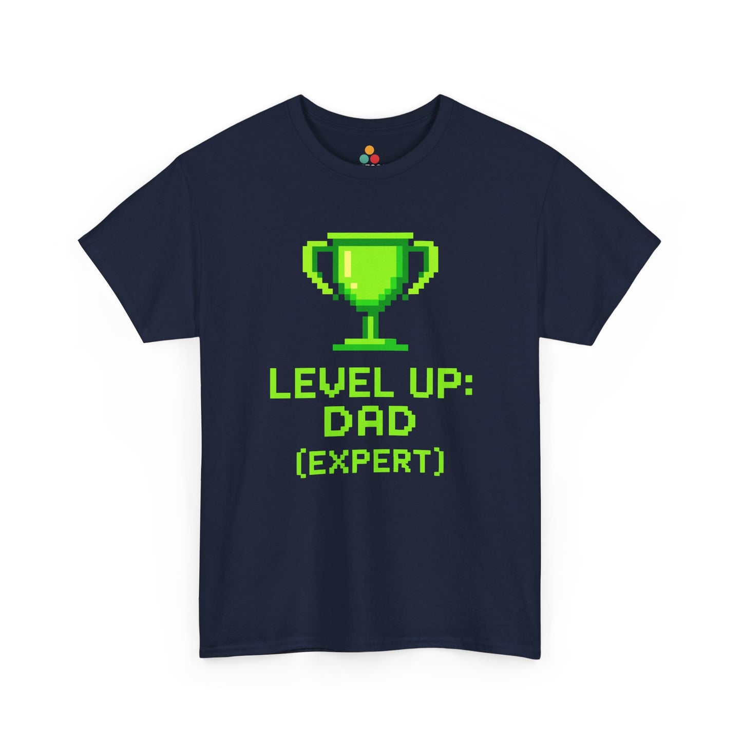 “ royal blue  ‘Level Up: Dad (Expert)’ tees with neon trophy design, flat view.”

