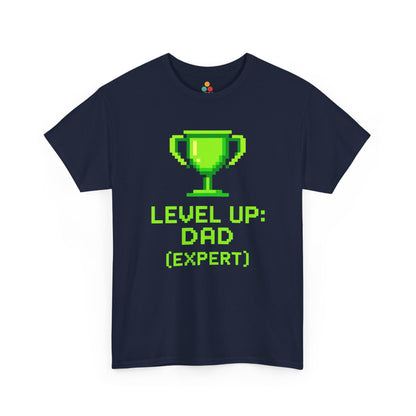 “ royal blue  ‘Level Up: Dad (Expert)’ tees with neon trophy design, flat view.”

