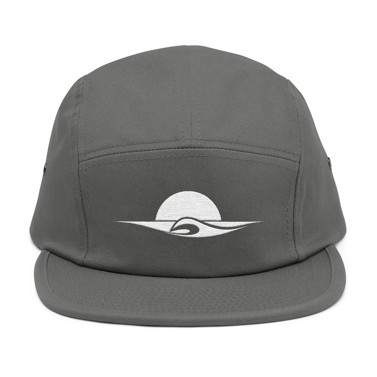Gray five-panel cap with a logo on a white background. Minimal sunset and wave outline embroidered on a 5-panel cap by TEEZOCA