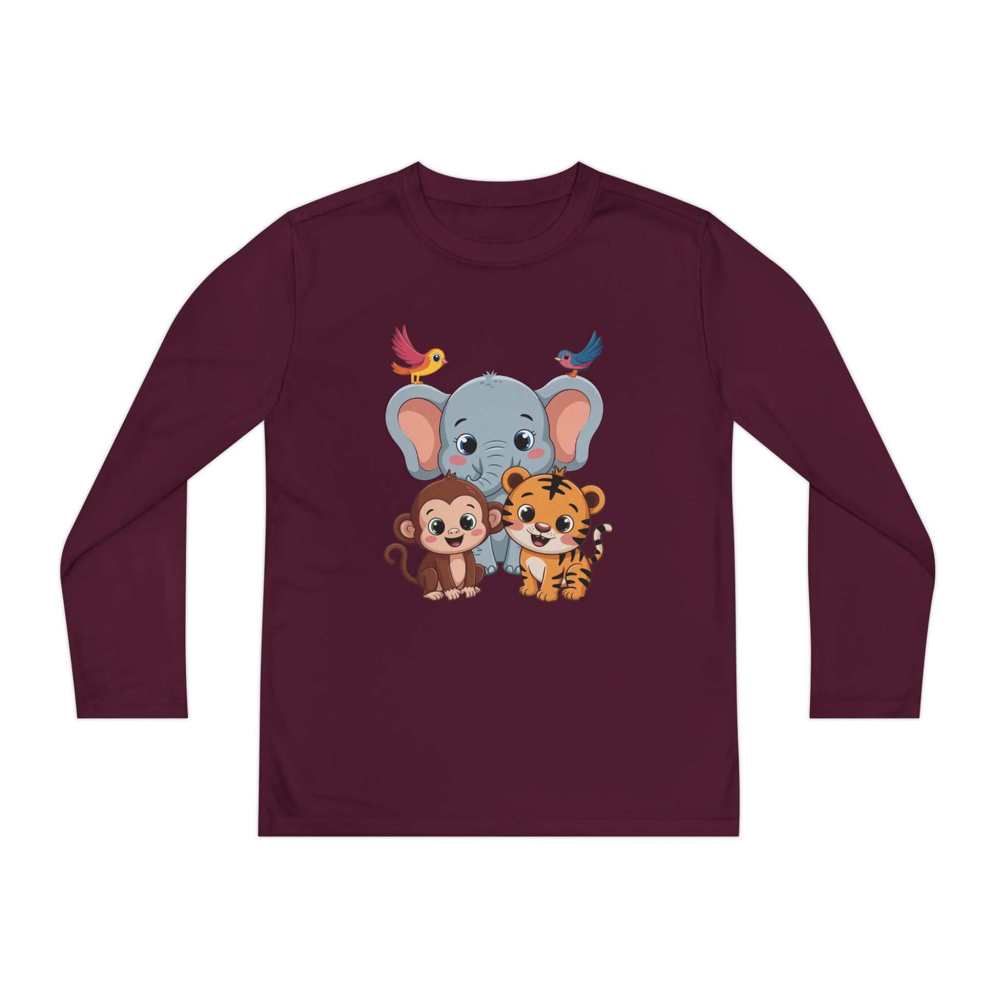 Kids Long Sleeve Tee - Cute Jungle Animals (Elephant, Monkey & Tiger) TEEZOCA