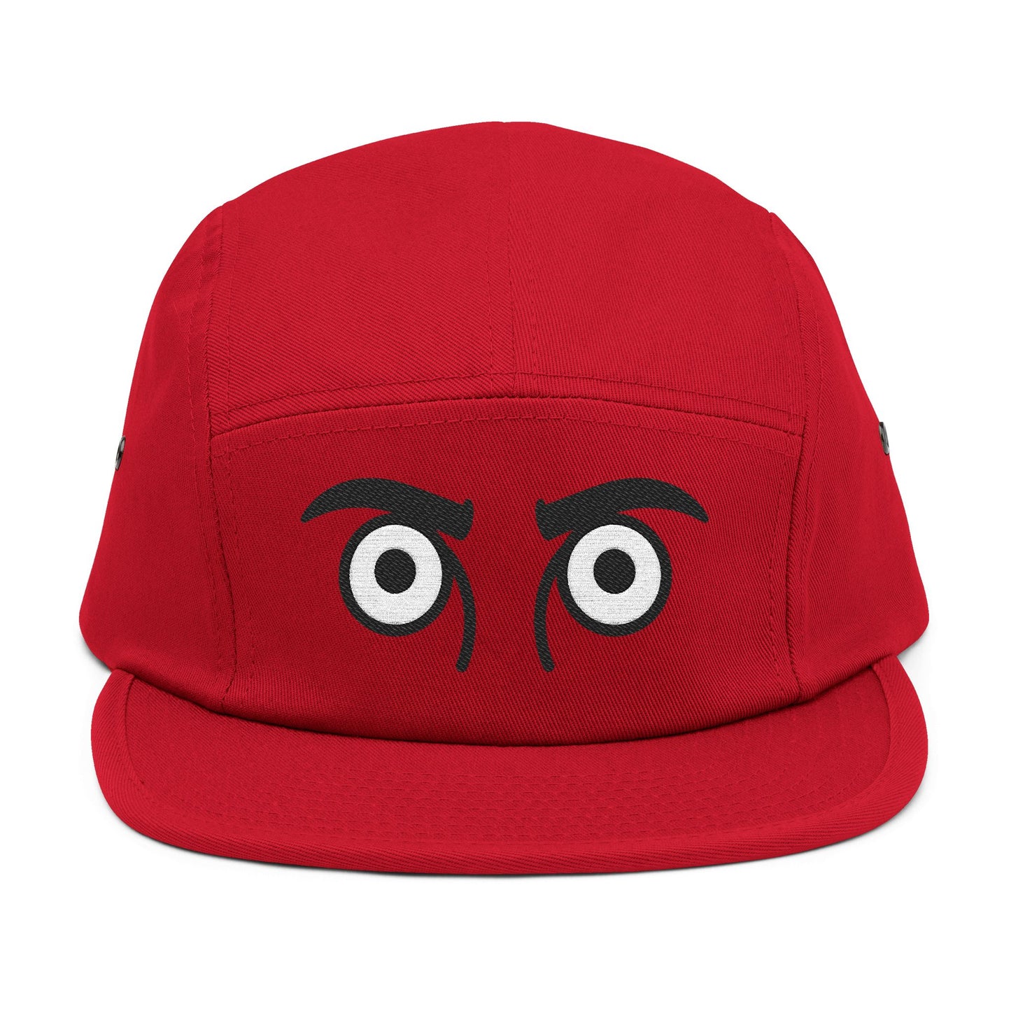 Red cap with cartoonish eyes on a white background. TEEZOCA
